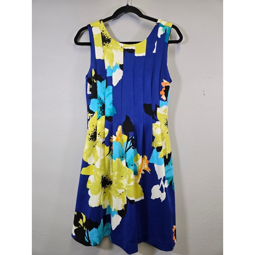 Vince Camuto Floral Print Sleeveless Pleated Sheath Dress Blue Yellowβ 8